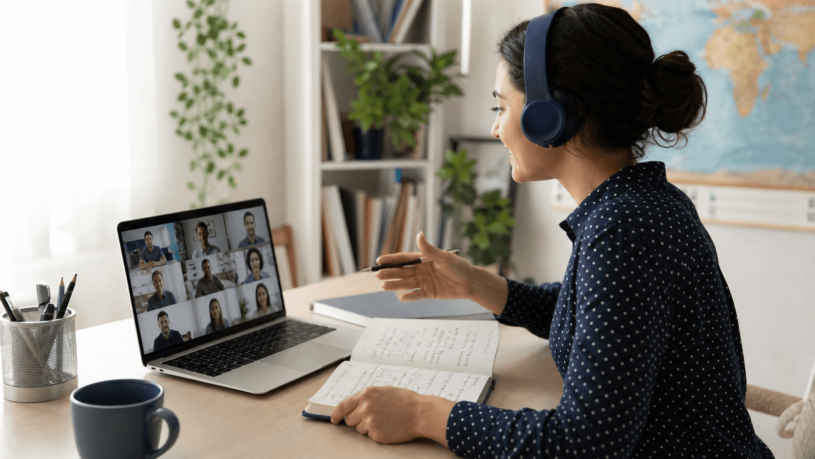 English teacher leading an online lesson from a home workspace with lesson notes and video call participants