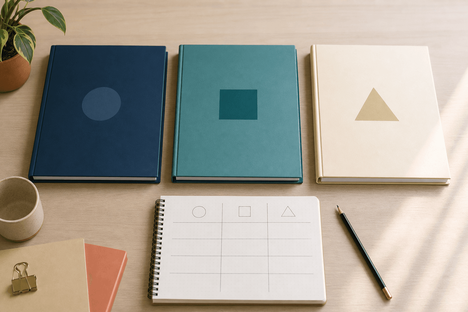 Three unbranded study folders and a comparison notebook representing research into TEFL, TESOL, and CELTA options