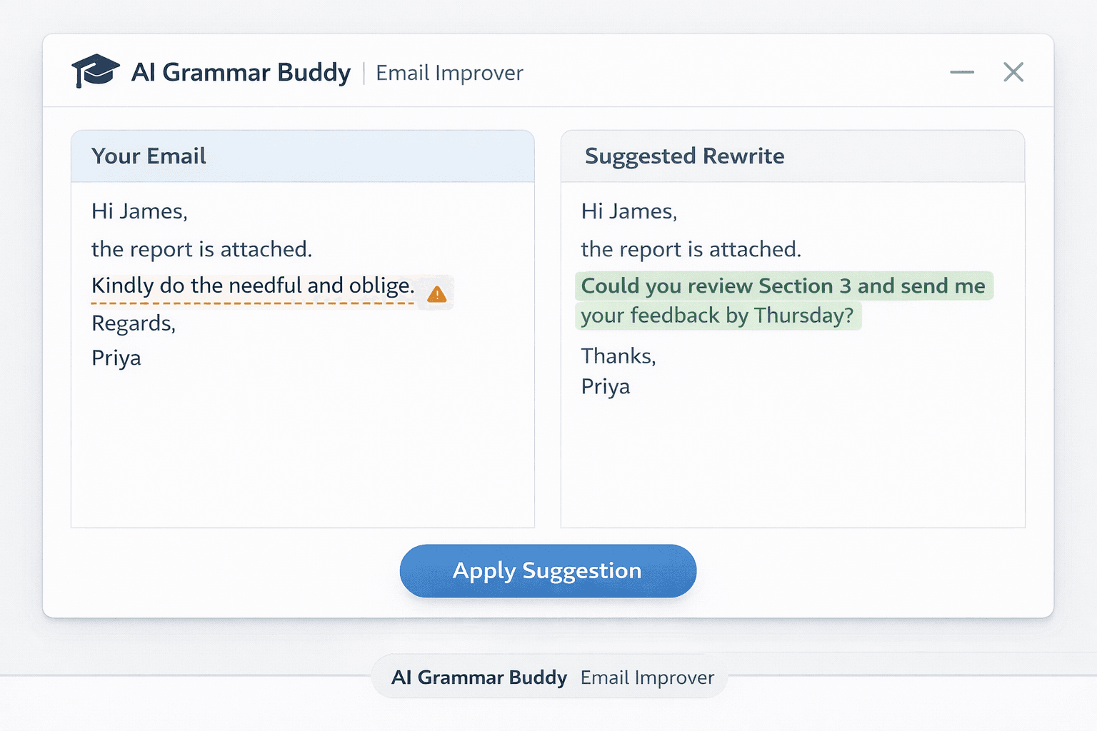 AI Grammar Buddy Email Improver interface showing tone analysis on a follow-up email draft