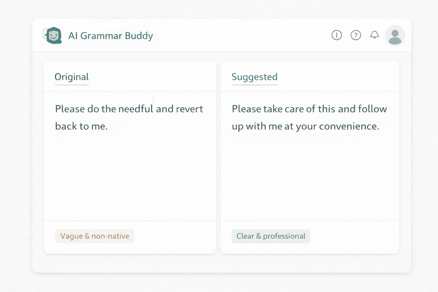 AI Grammar Buddy Email Improver detecting 'do the needful' and suggesting a specific plain-English alternative