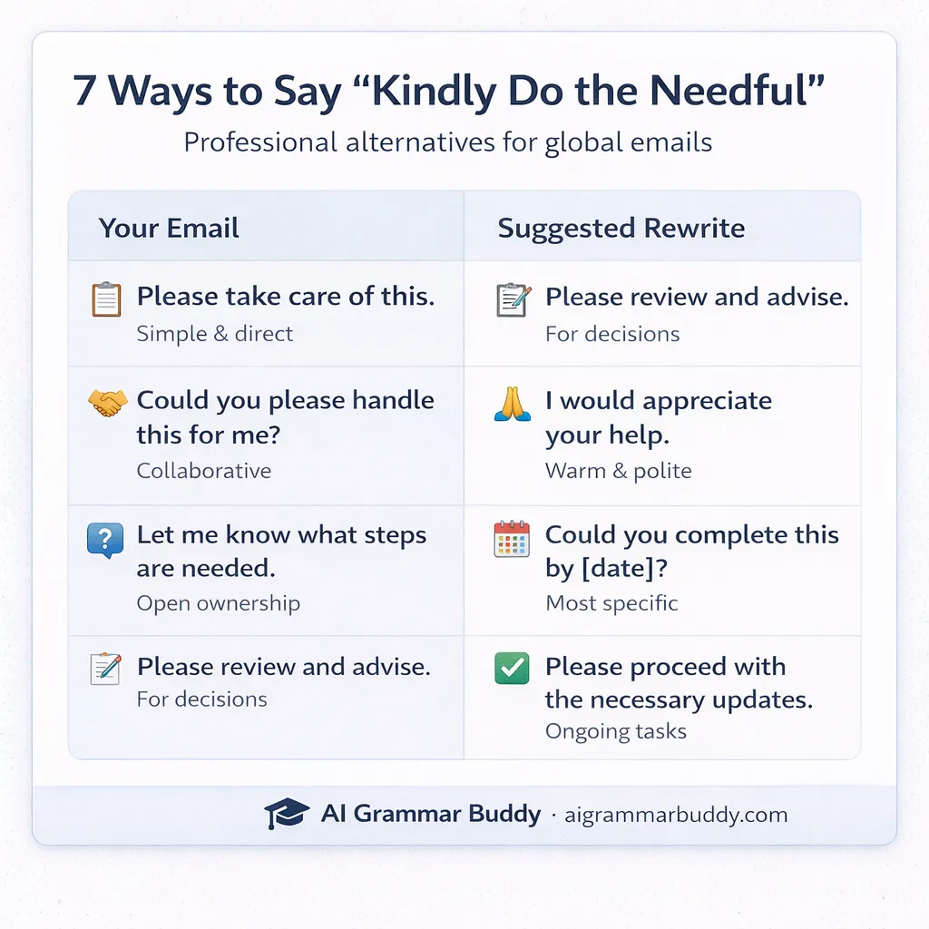 Shareable cheat sheet: 7 professional alternatives to 'kindly do the needful' listed with icons and use-case labels