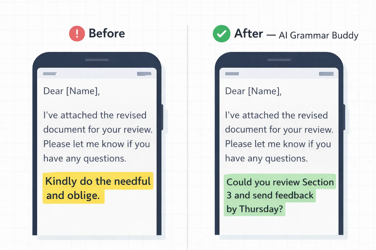 A confused business professional reading an email with 'kindly do the needful' and modern alternatives