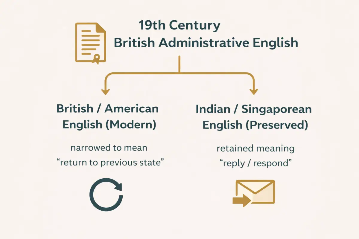 Diagram showing how 'revert' branched from 19th century British English into modern standard English and regional Asian English