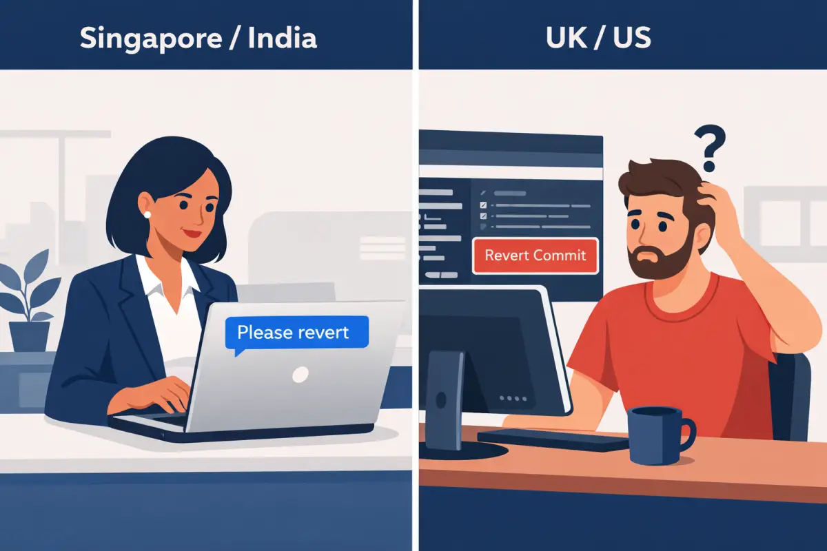 Split-screen showing 'revert' meaning 'undo' in US/UK English versus 'reply' in Singapore and Indian English