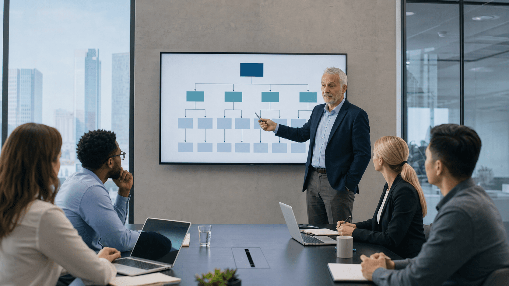 Senior manager explaining a top-down business workflow to a small team in a meeting room