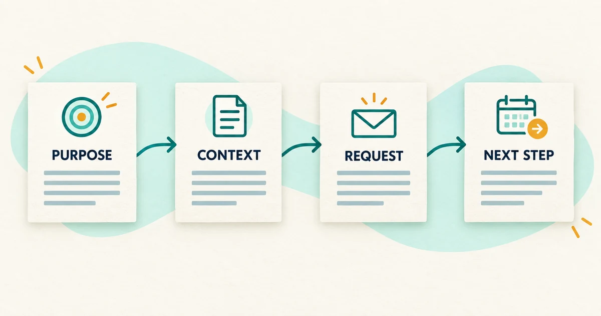 Editorial illustration showing a coherent email flow from purpose to context, request and next step