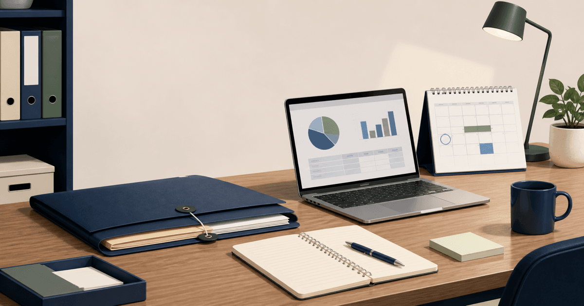 Professional desk with a laptop dashboard, calendar, folders, and notebook for workplace English examples