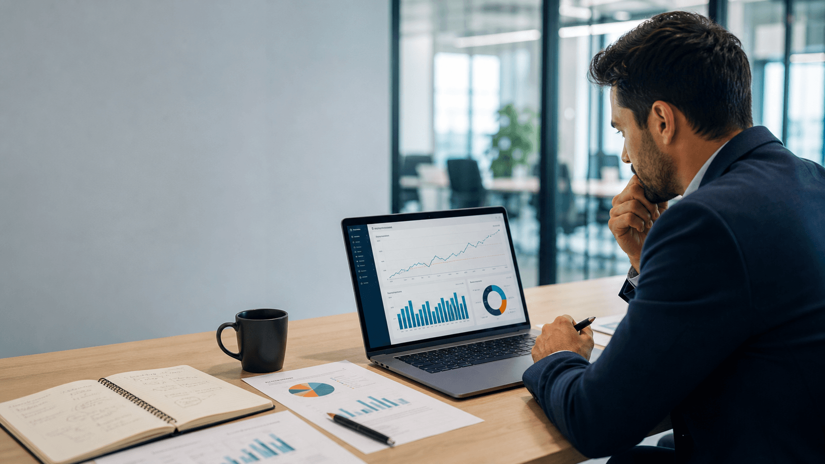 Business analyst reviewing a forecast dashboard on a laptop in a meeting room