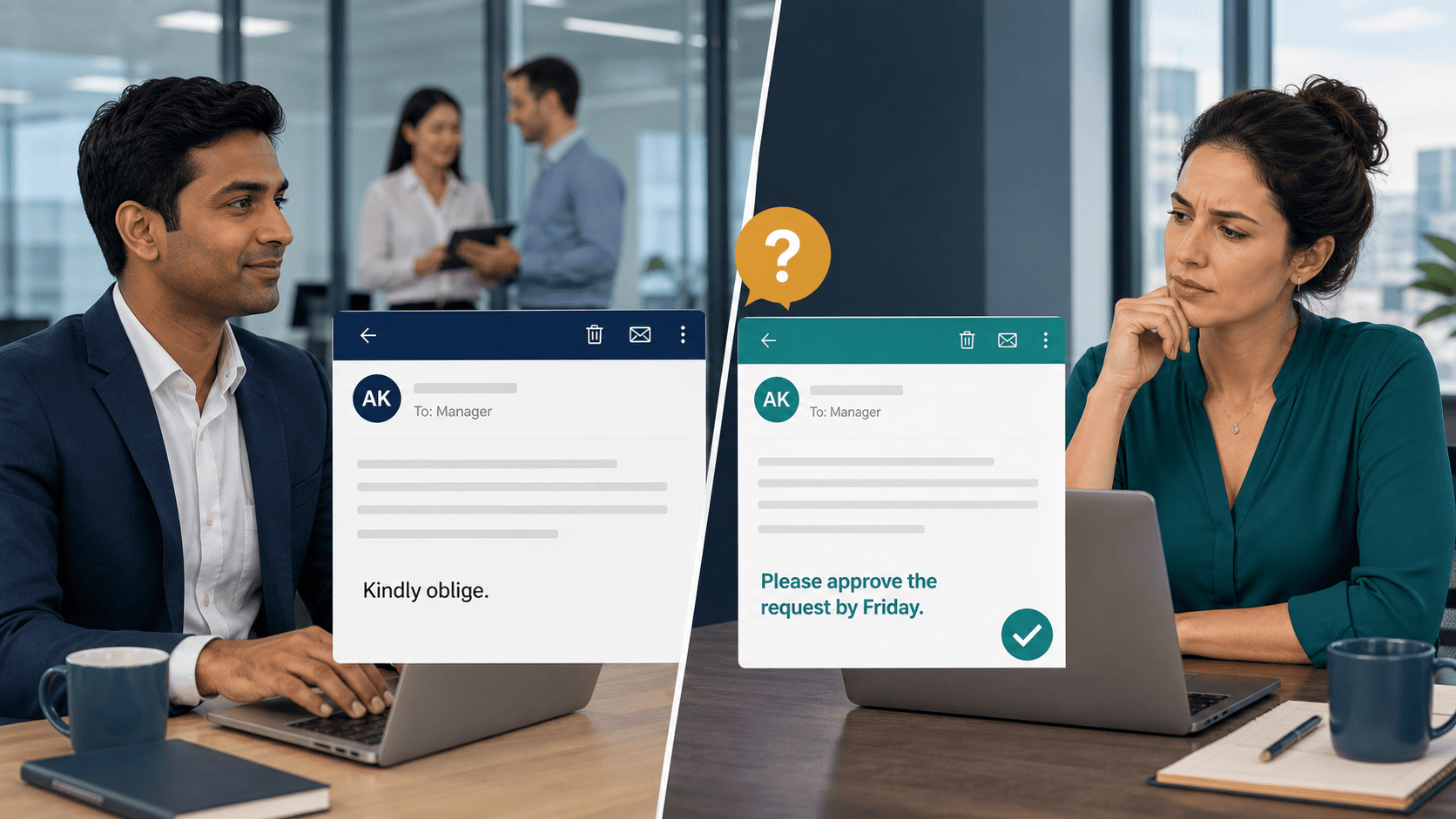 Workplace email comparison showing kindly oblige and a clearer request with a deadline
