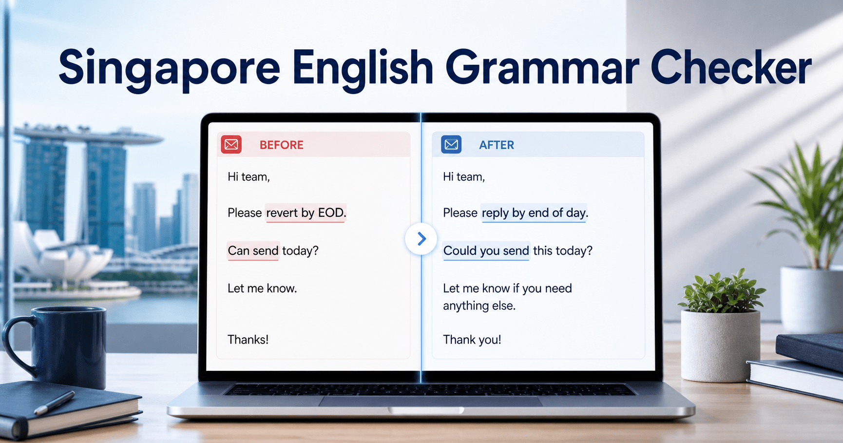 Singapore English grammar checker rewriting local workplace English into professional English