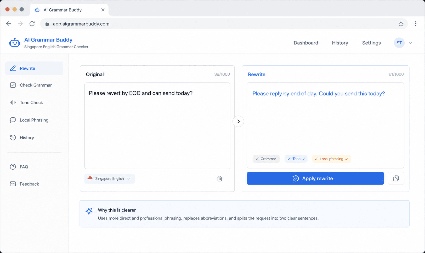 AI Grammar Buddy UI mockup rewriting Singapore-style workplace English into standard professional English