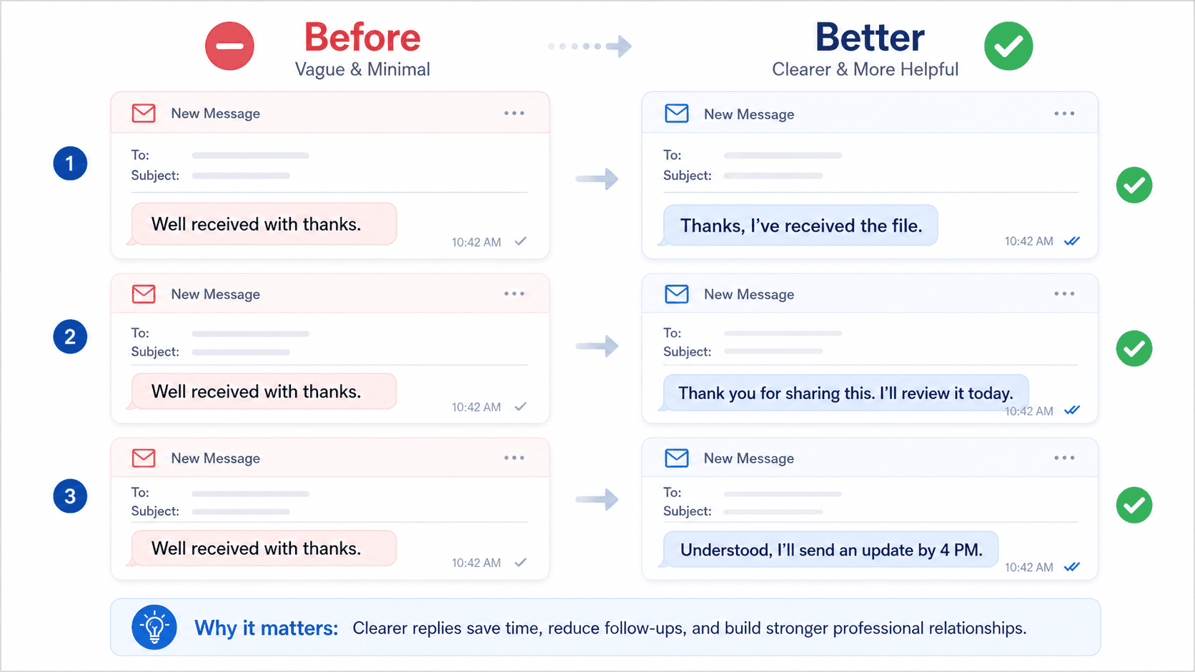 Before and after email alternatives replacing "well received with thanks"