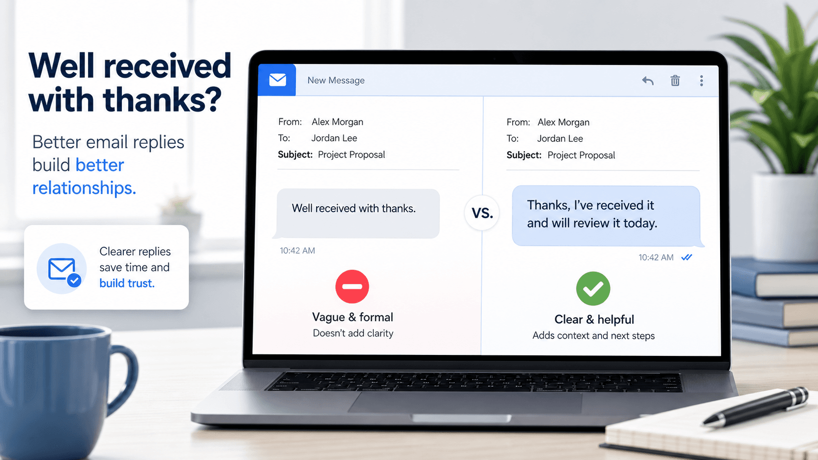 Professional email comparison showing "Well received with thanks" versus clearer modern alternatives