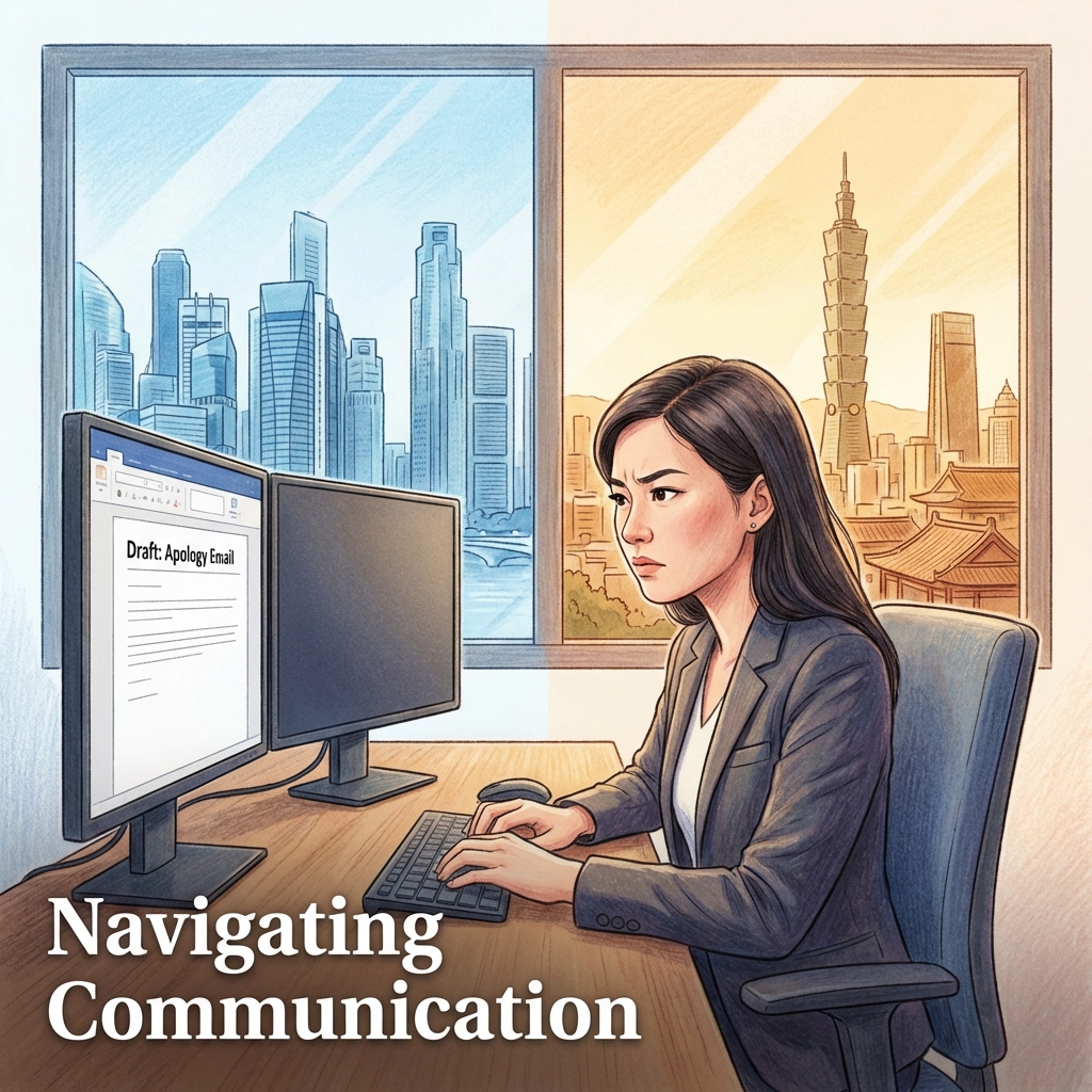 Professional apologizing in business email for Asian workplace