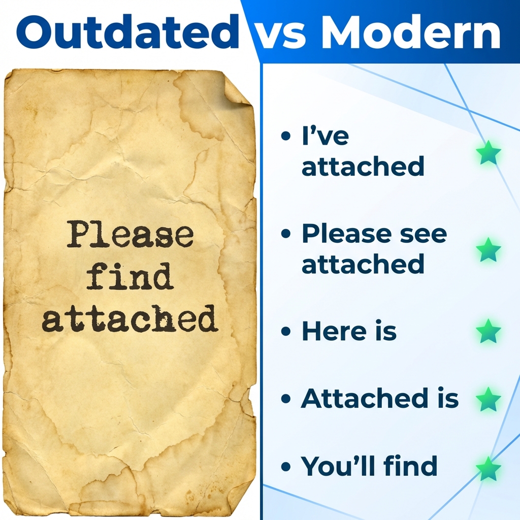 Modern email attachment phrases replacing please find attached