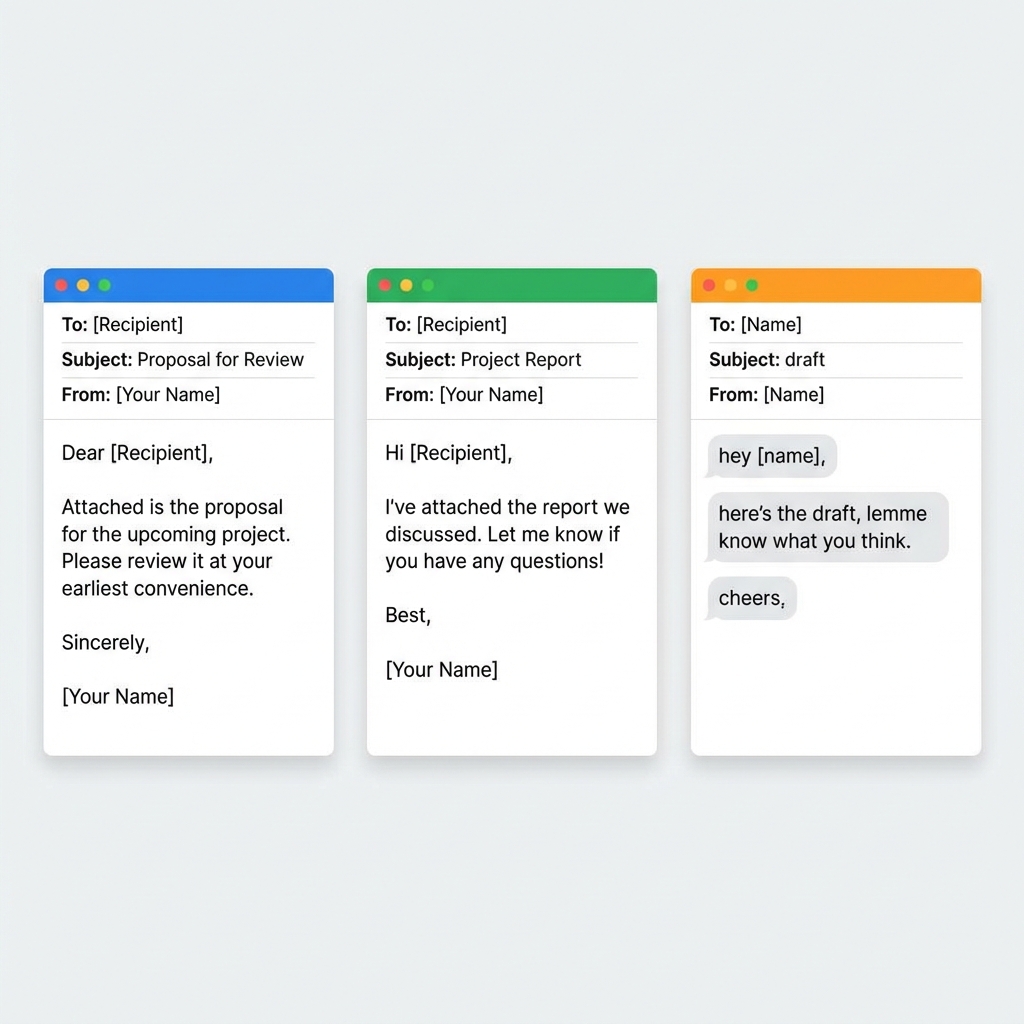 Email examples showing formal business casual and internal communication styles