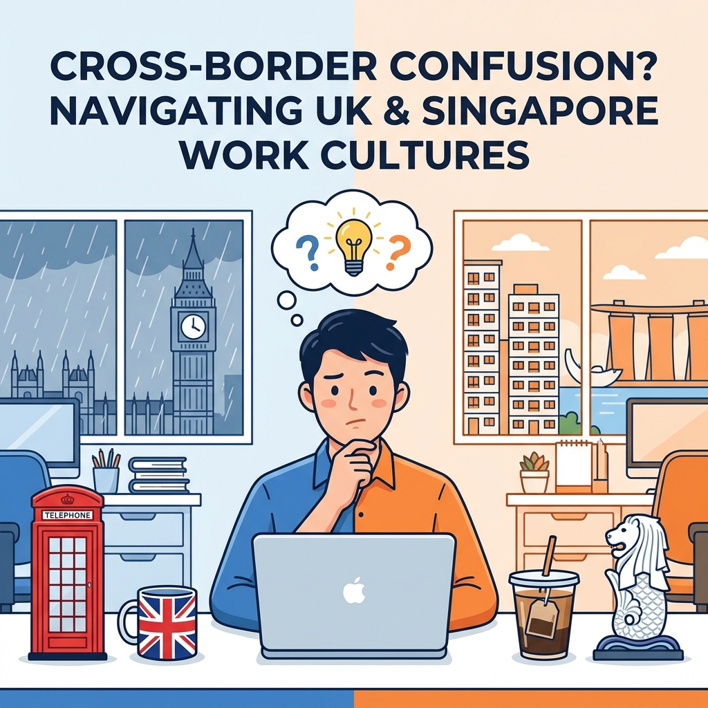 Asian professional pondering Singlish vs British English in email at office desk